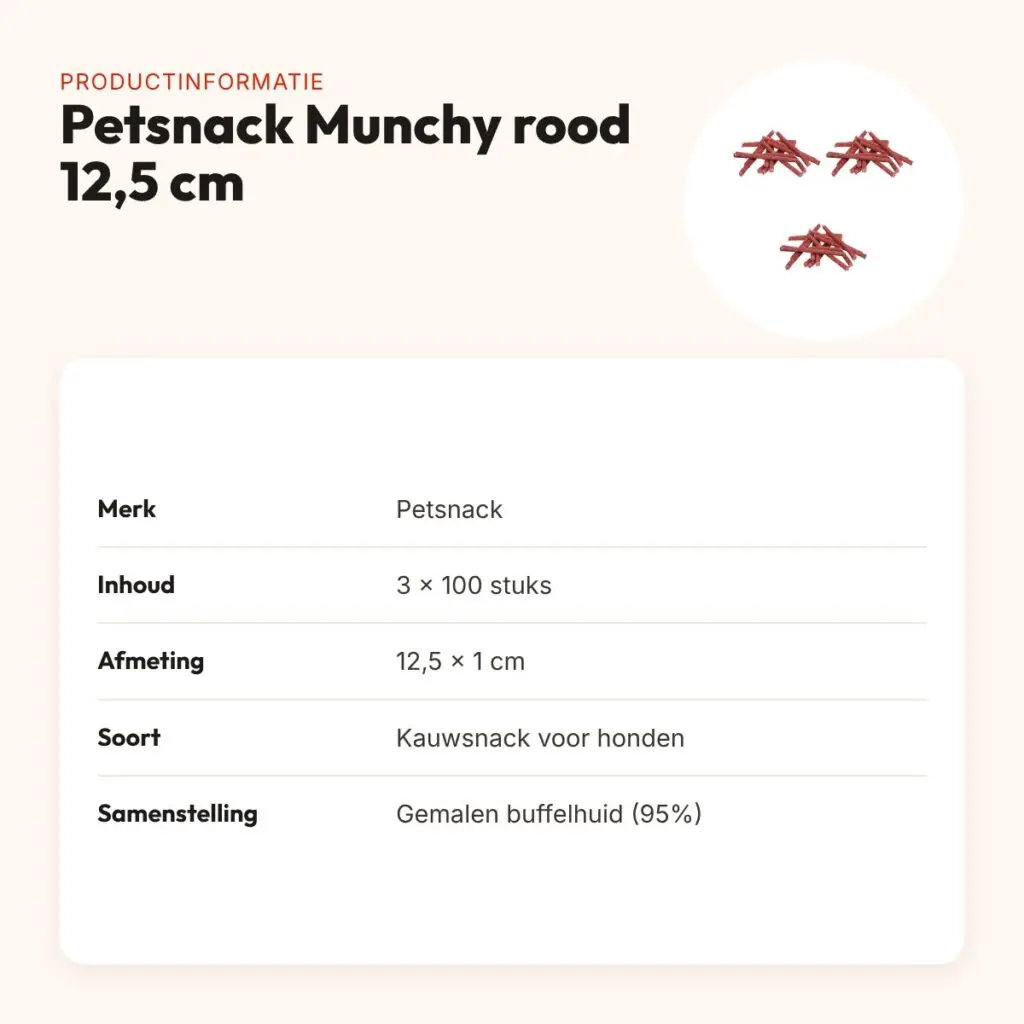 Petsnack kauwsnack Munchy rood 12,5 cm – multipack 3 x 100 stuks – productinformatie