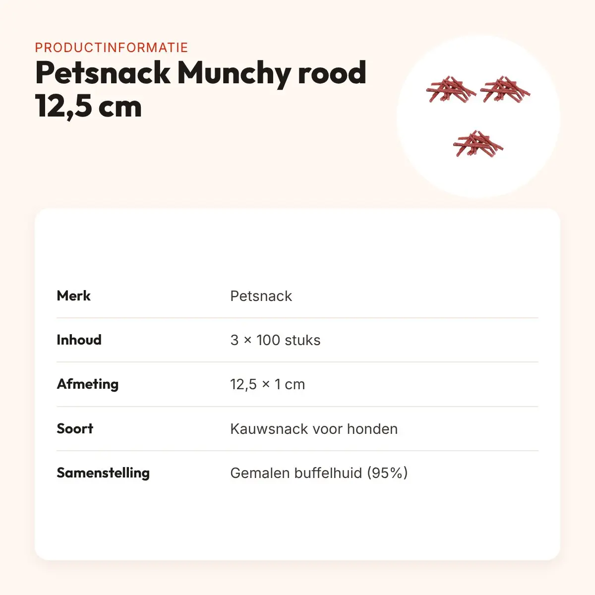 Petsnack kauwsnack Munchy rood 12,5 cm – multipack 3 x 100 stuks – productinformatie