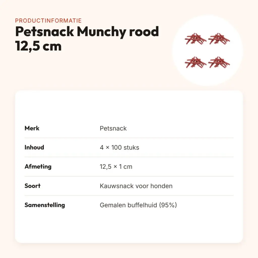 Petsnack kauwsnack Munchy rood 12,5 cm – multipack 4 x 100 stuks – productinformatie