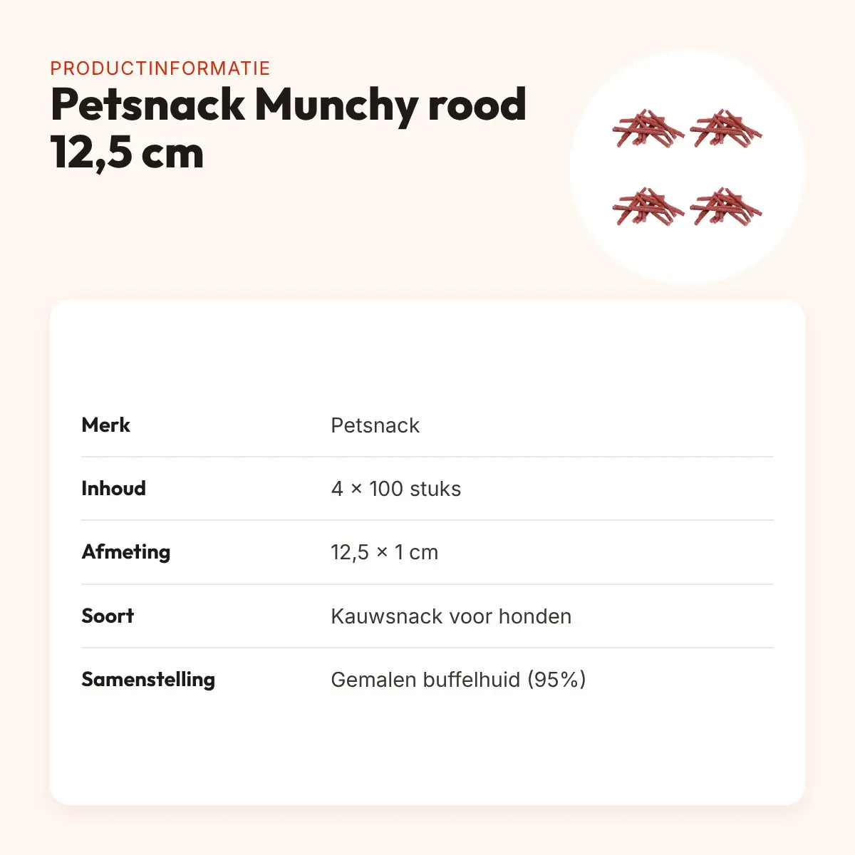Petsnack kauwsnack Munchy rood 12,5 cm – multipack 4 x 100 stuks – productinformatie