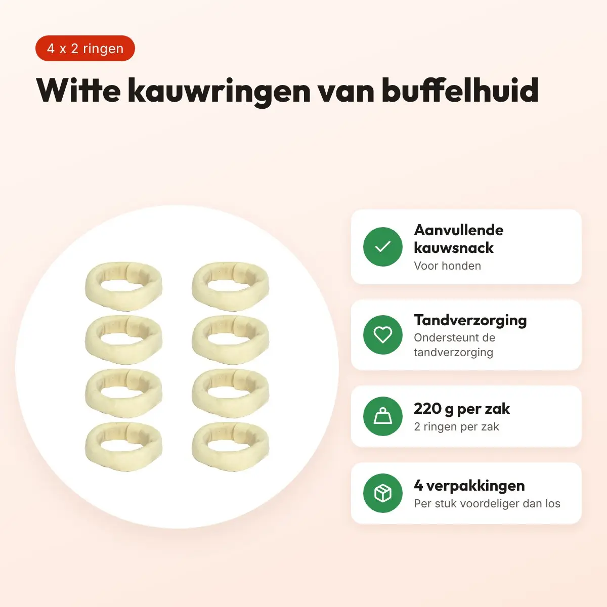 Petsnack kauwsnack ring wit 6 inch 220 g – multipack 4 x 2 stuks – voordelen