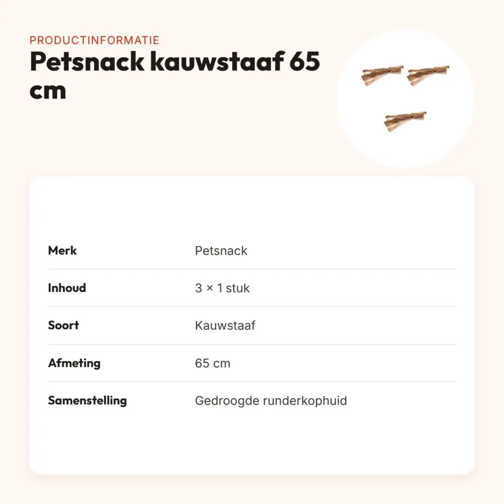 Petsnack kauwstaaf runderkophuid 65 cm – multipack 3 stuks – productinformatie