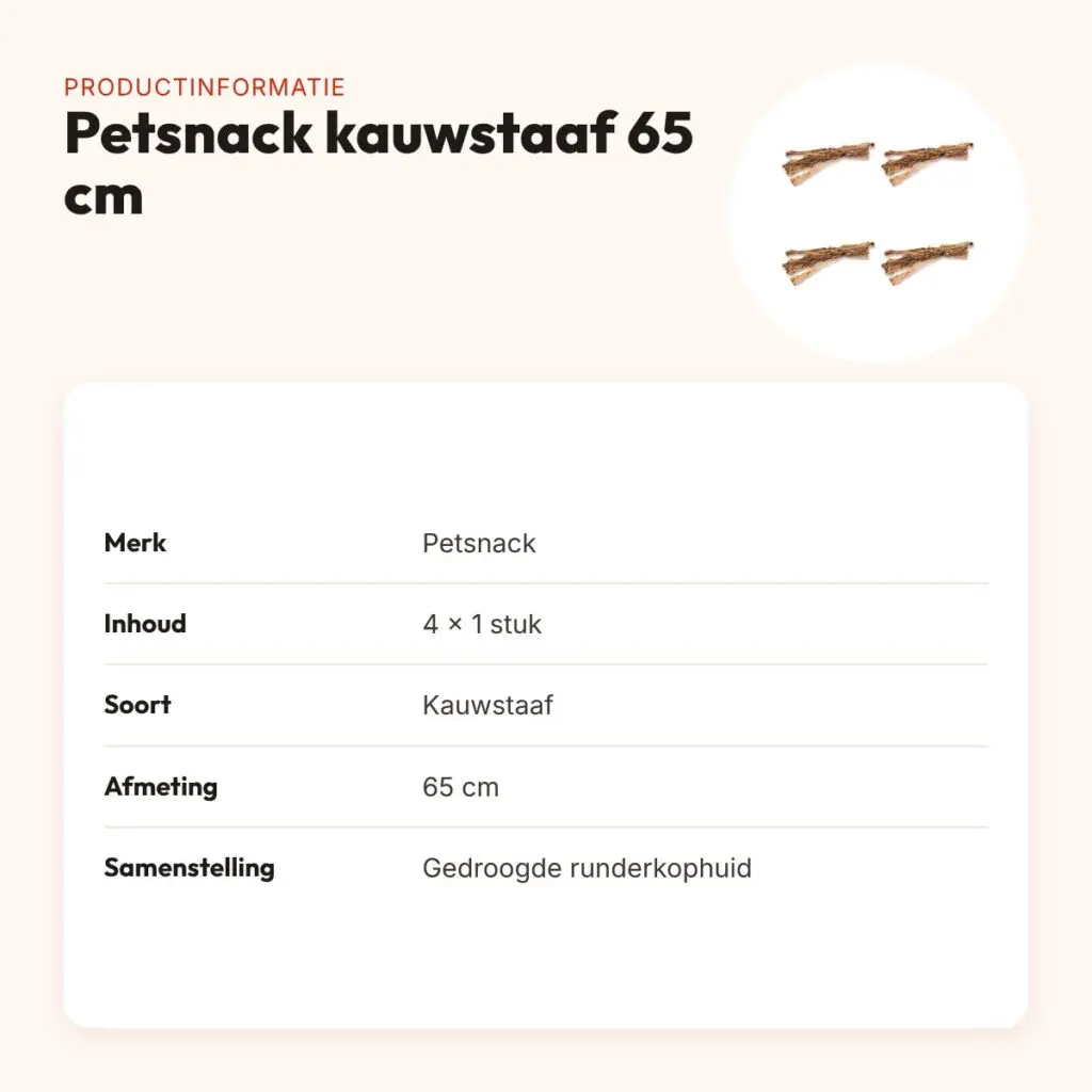 Petsnack kauwstaaf runderkophuid 65 cm – multipack 4 stuks – productinformatie