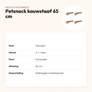 Petsnack kauwstaaf runderkophuid 65 cm – multipack 4 stuks – productinformatie