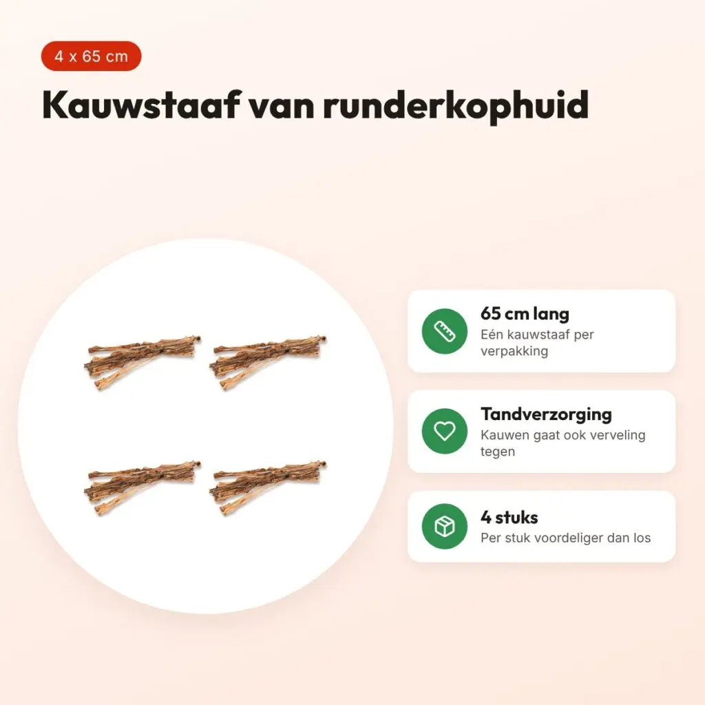Petsnack kauwstaaf runderkophuid 65 cm – multipack 4 stuks – voordelen