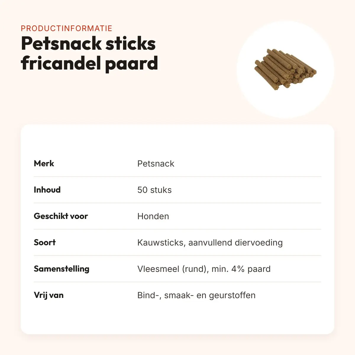 Petsnack sticks fricandel paard hondenbeloning 50 stuks – productinformatie