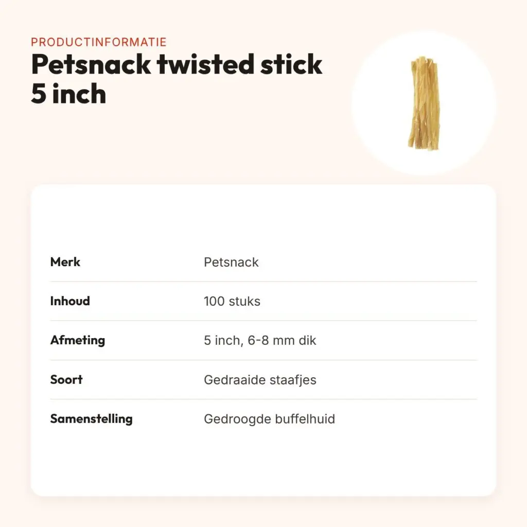 Petsnack twisted stick 5 inch 6-8 mm – buffelhuid, 100 stuks – productinformatie