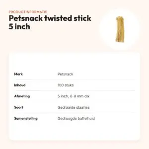 Petsnack twisted stick 5 inch 6-8 mm – buffelhuid, 100 stuks – productinformatie