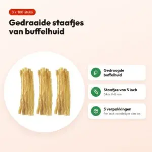 Petsnack twisted stick buffelhuid 5 inch 6-8 mm – multipack 3 x 100 stuks – voordelen