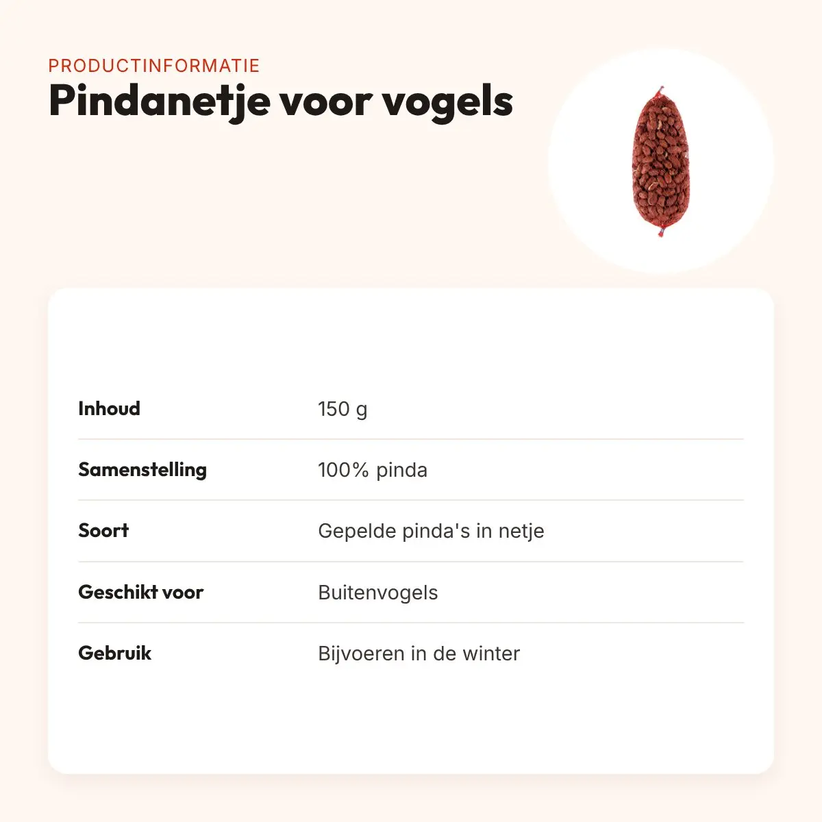 Pindanetje voor vogels 150 g – gepelde pinda's – productinformatie