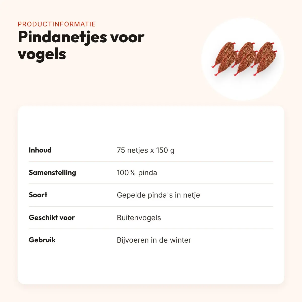 Pindanetjes voor vogels 75 x 150 g – gepelde pinda's – productinformatie