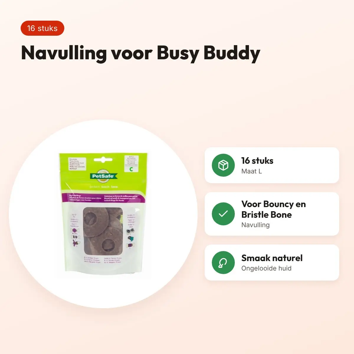 Premier Busy Buddy Ring naturel L – navulling, 16 stuks – voordelen