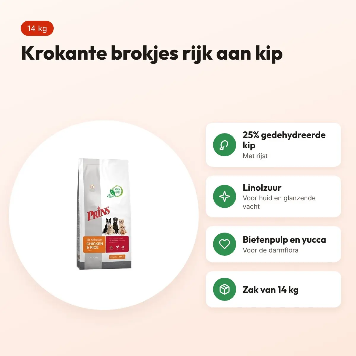 Prins hondenvoer Fit Selection kip en rijst 14 kg – krokante brokjes – voordelen