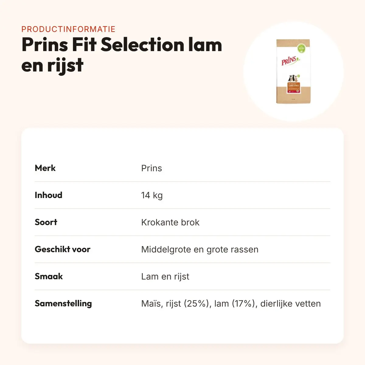 Prins hondenvoer Fit Selection lam en rijst 14 kg – (middel)grote rassen – productinformatie