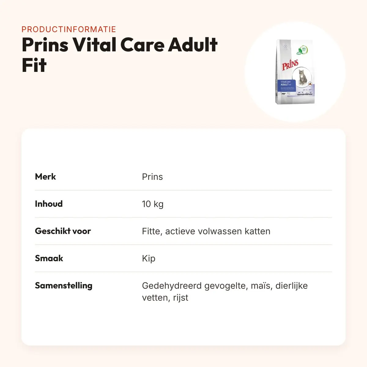 Prins kattenvoer Vital Care Adult Fit 10 kg – kipsmaak – productinformatie