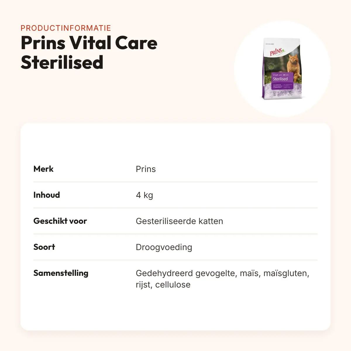 Prins kattenvoer Vital Care Adult Sterilised 4 kg – productinformatie