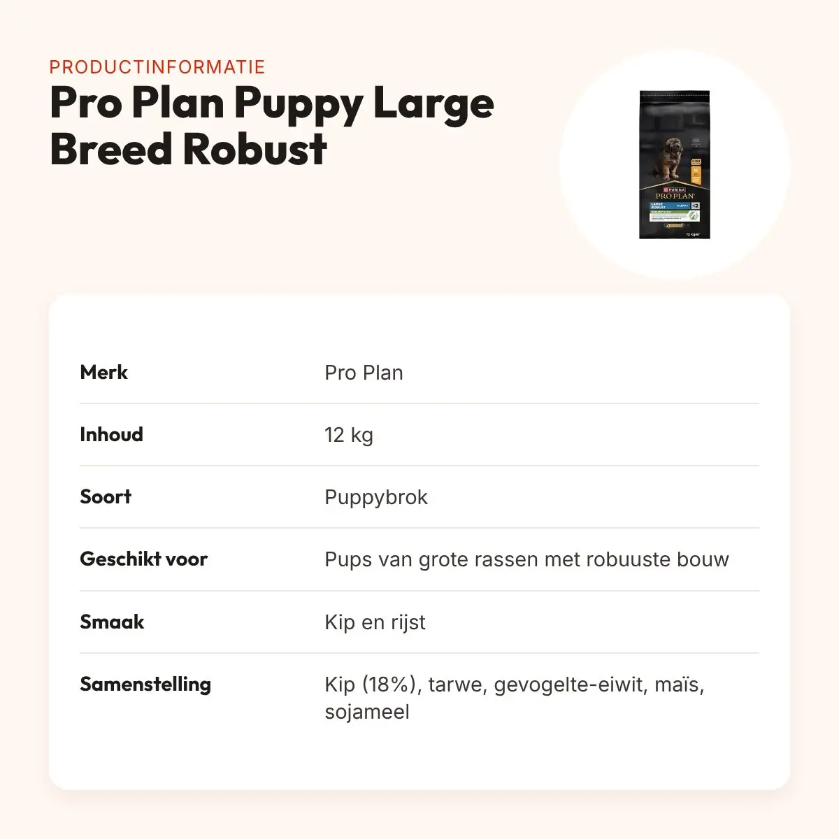 Pro Plan hondenvoer Puppy Large Breed Robust kip en rijst 12 kg – productinformatie
