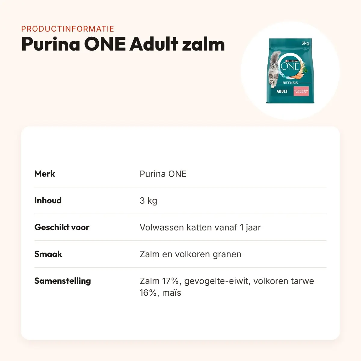 Purina ONE kattenvoer Adult Zalm/Volkoren Granen 3 kg – productinformatie
