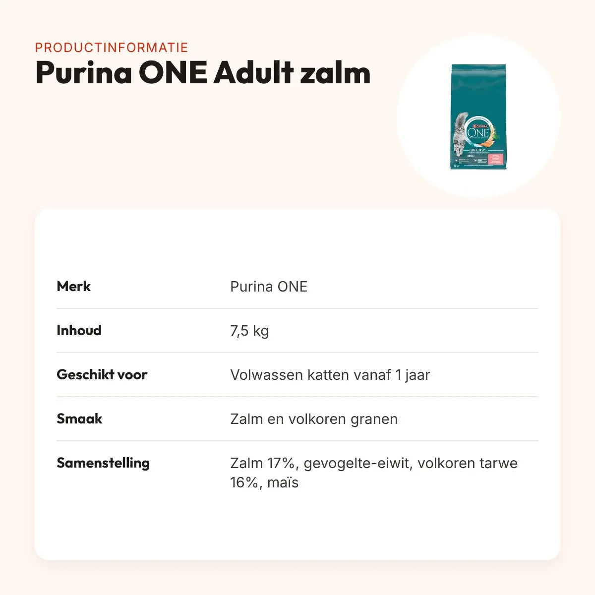 Purina ONE kattenvoer Adult Zalm/Volkoren Granen 7,5 kg – productinformatie