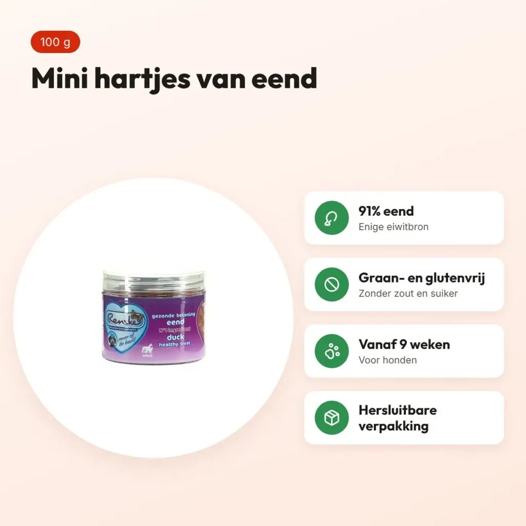 Renske Gezonde Beloning mini hartjes eend 100 g – graanvrij – voordelen