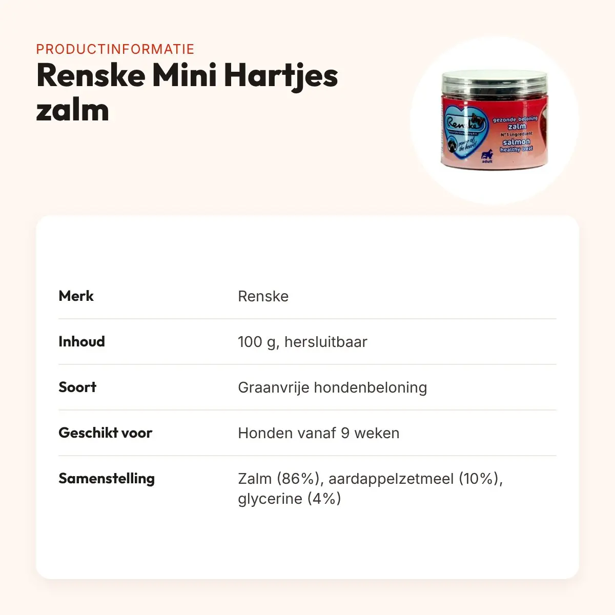 Renske Gezonde Beloning mini hartjes zalm 100 g – graanvrij – productinformatie