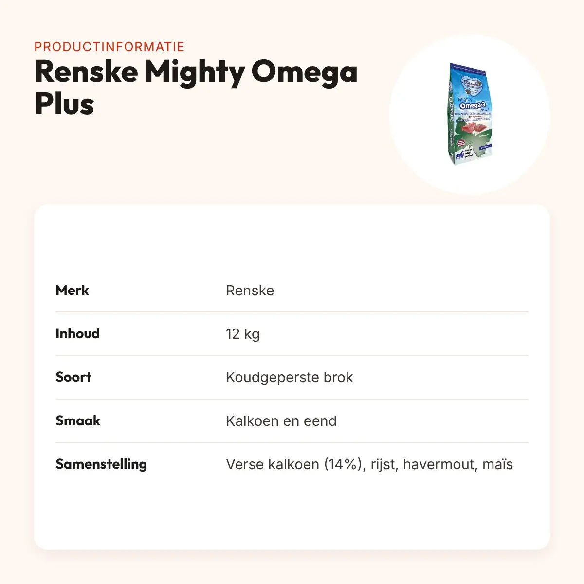 Renske hondenvoer Mighty Omega Plus kalkoen en eend 12 kg – koudgeperst – productinformatie