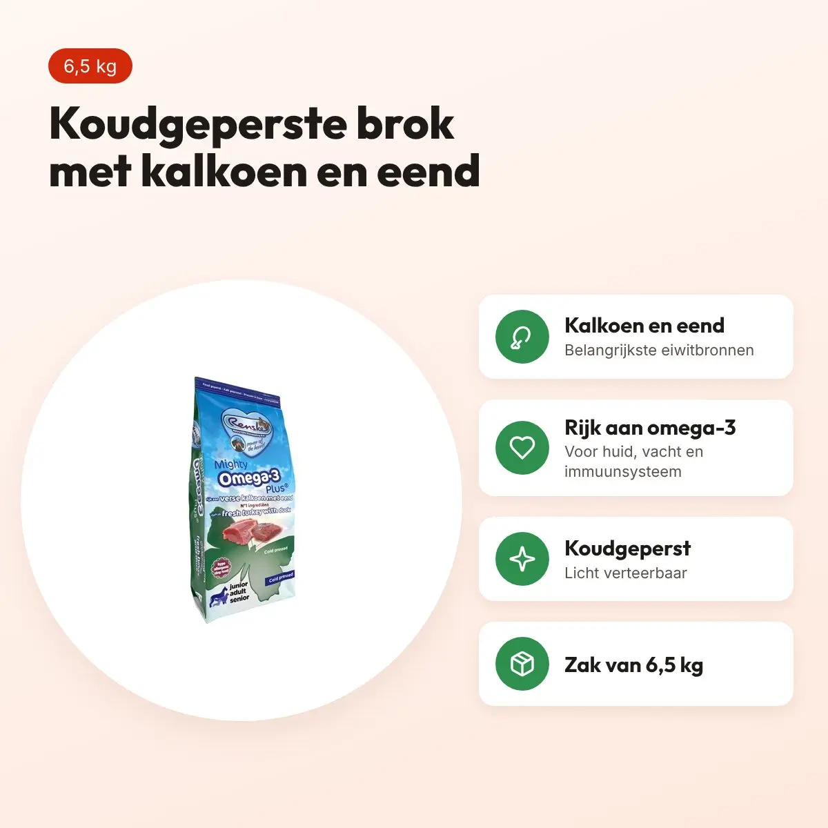 Renske hondenvoer Mighty Omega Plus kalkoen en eend 6,5 kg – koudgeperst – voordelen