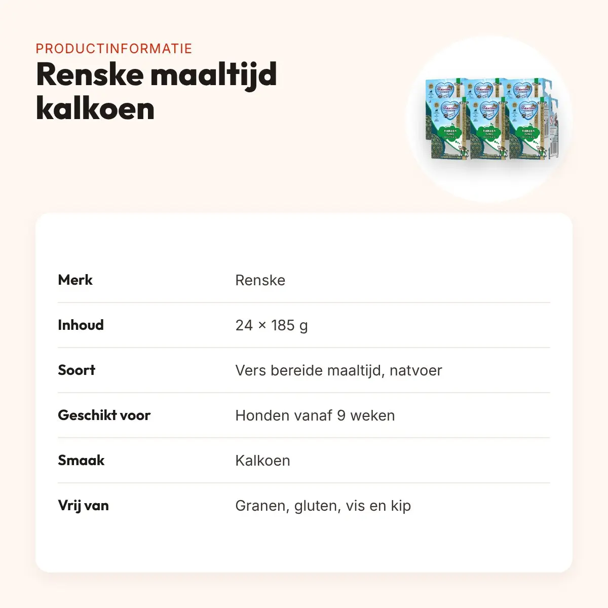 Renske hondenvoer vers bereide maaltijd kalkoen 24 x 185 g – graanvrij – productinformatie