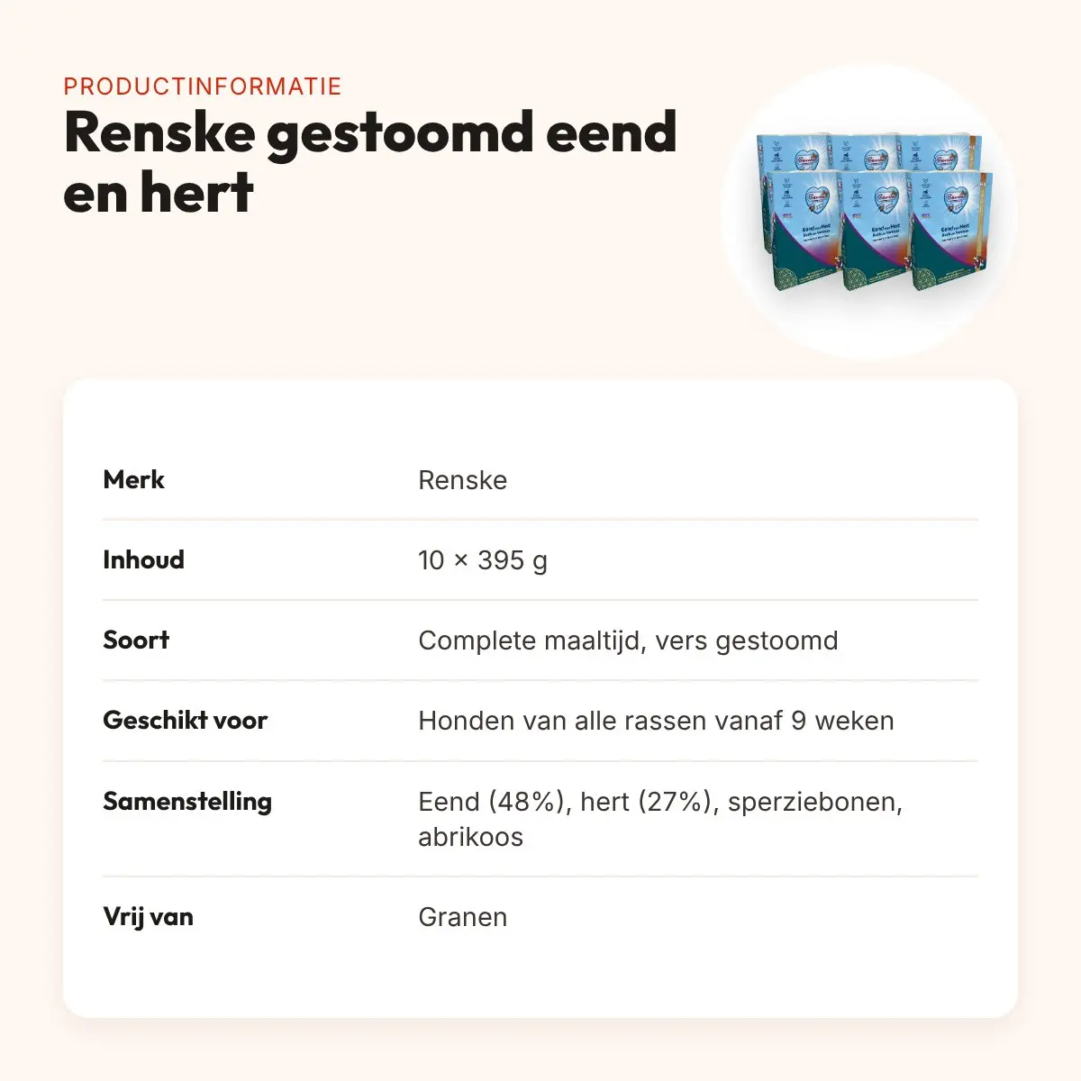 Renske hondenvoer vers gestoomd vlees eend en hert 10 x 395 g – graanvrij – productinformatie