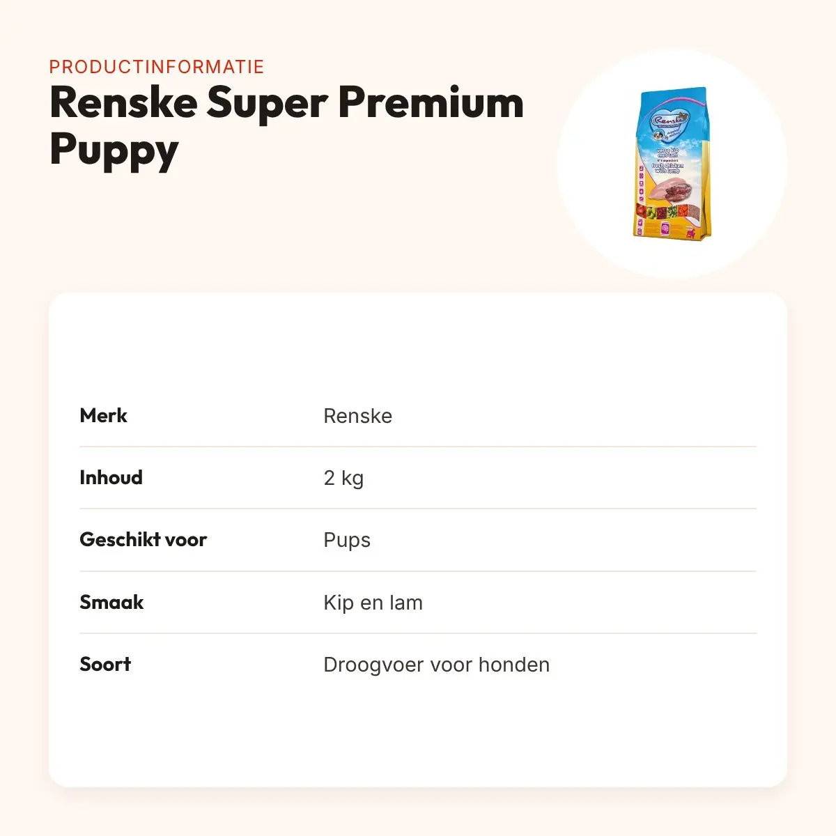 Renske puppyvoer Super Premium kip en lam 2 kg – omega-3 DHA – productinformatie
