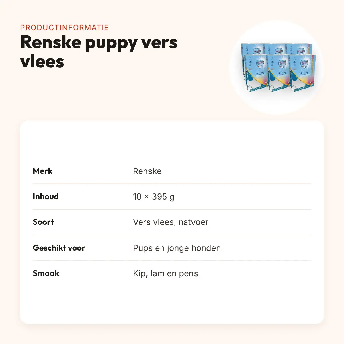 Renske puppyvoer vers vlees kip en lam 10 x 395 g – productinformatie