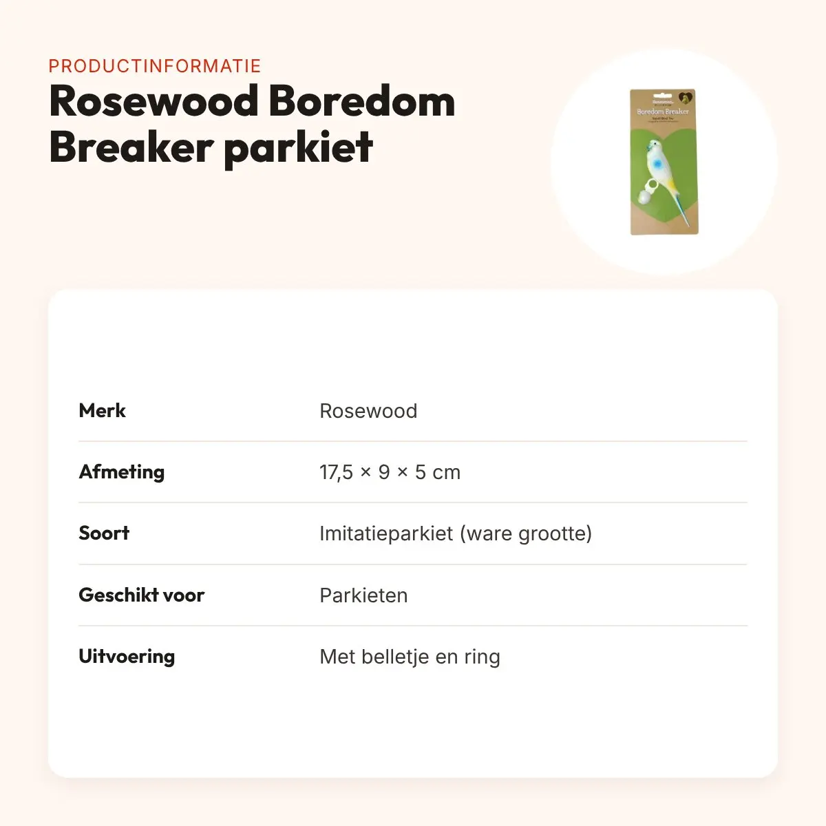 Rosewood Boredom Breaker parkietenspeelgoed imitatieparkiet 17,5 x 9 x 5 cm – productinformatie