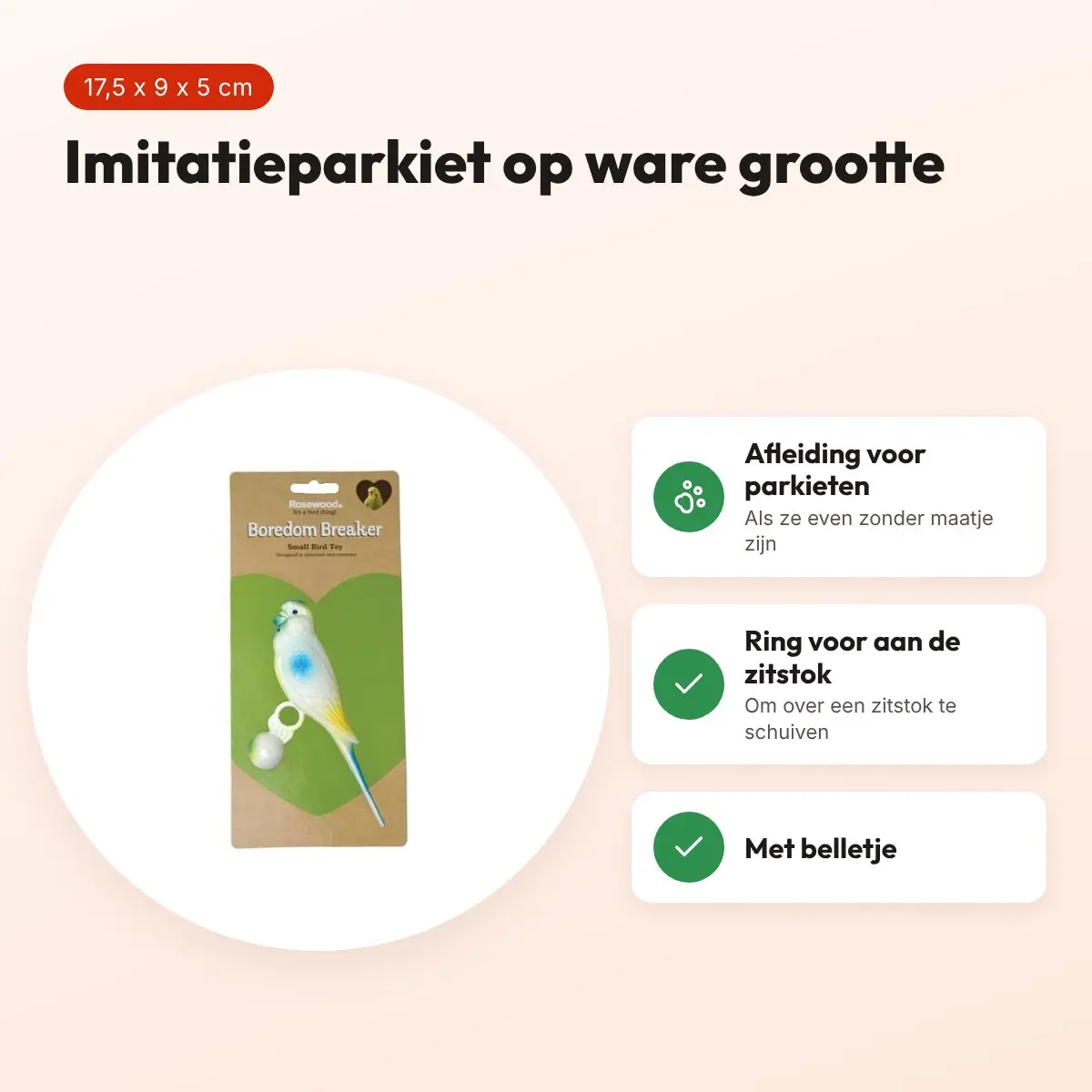 Rosewood Boredom Breaker parkietenspeelgoed imitatieparkiet 17,5 x 9 x 5 cm – voordelen