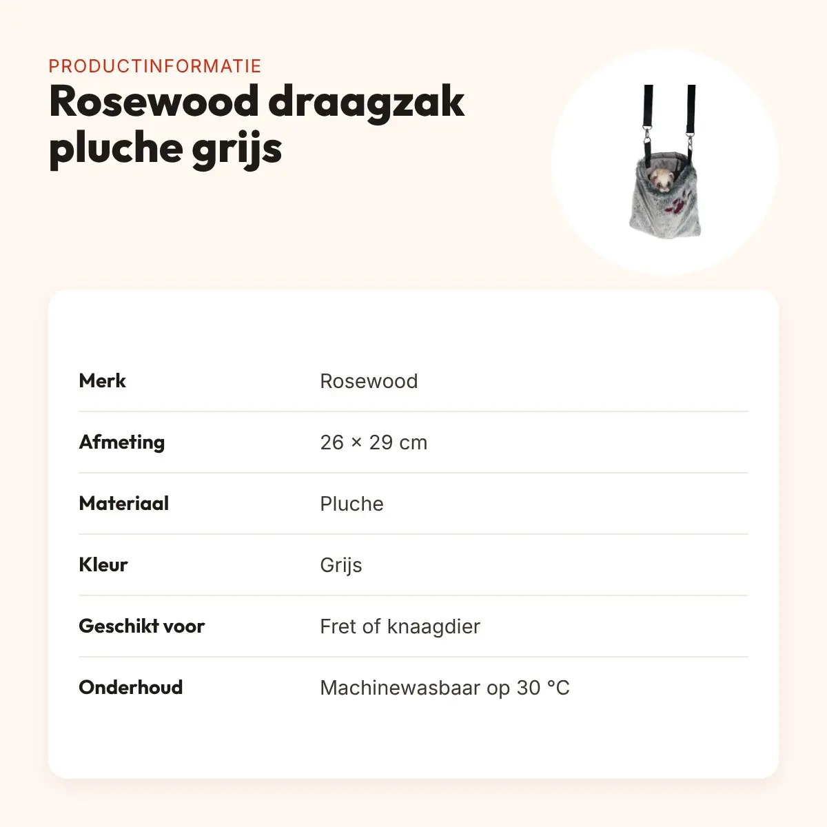 Rosewood draagzak voor fret of knaagdier pluche grijs 26 x 29 cm – productinformatie