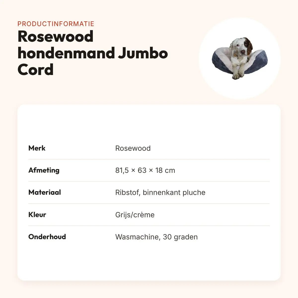 Rosewood hondenmand ovaal Jumbo Cord grijs/crème 81,5 x 63 x 18 cm – productinformatie