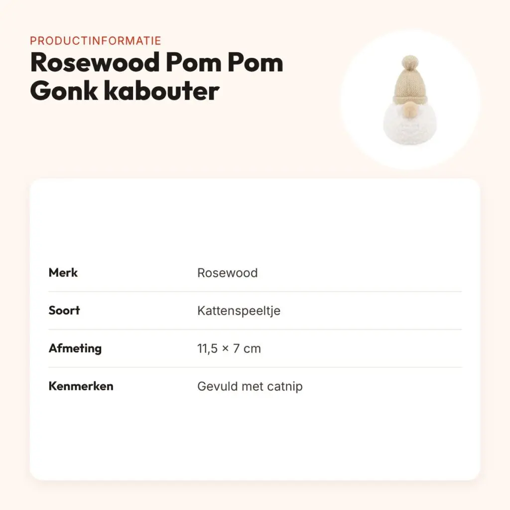 Rosewood Pom Pom Gonk kabouter kattenspeeltje met catnip 11,5 x 7 cm – productinformatie