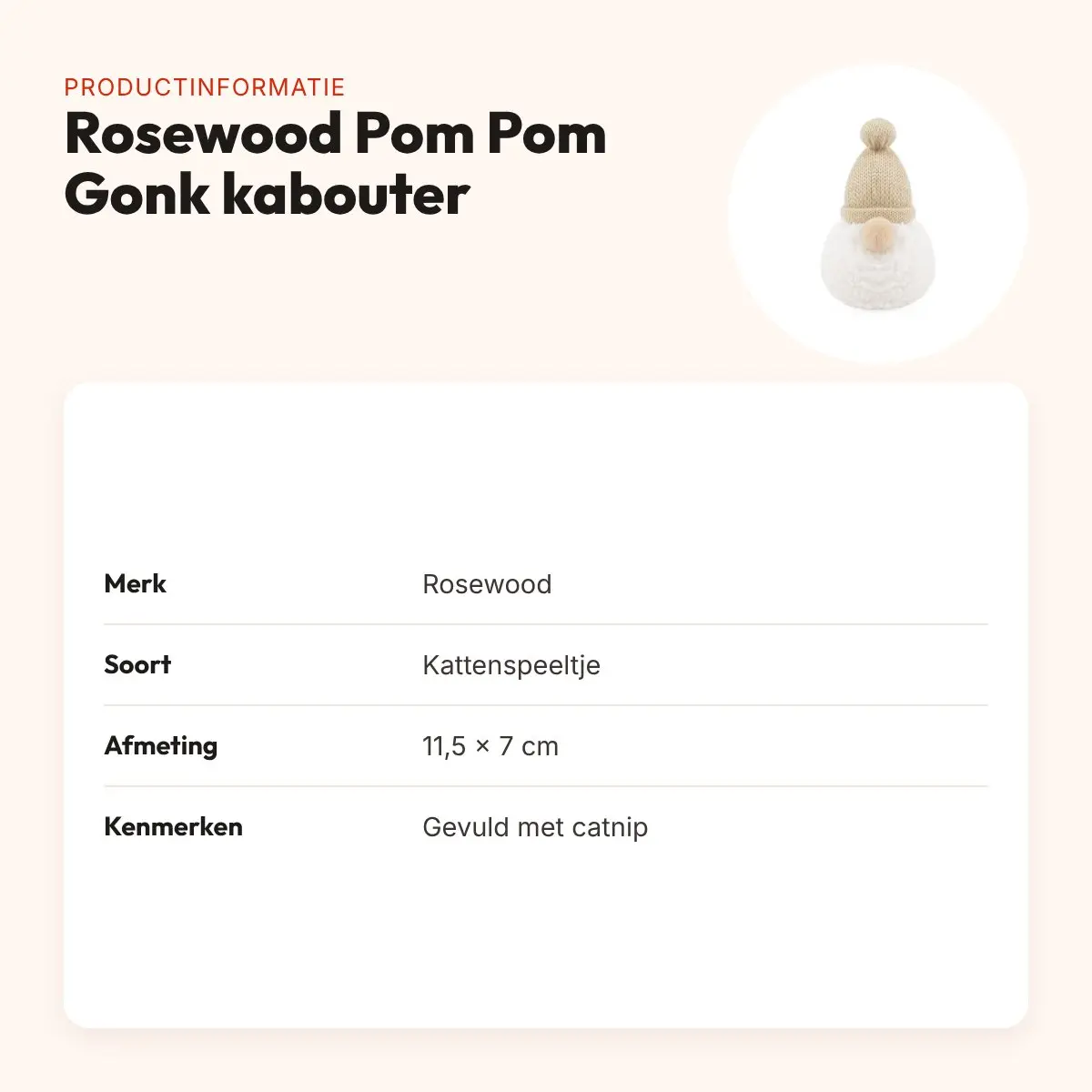 Rosewood Pom Pom Gonk kabouter kattenspeeltje met catnip 11,5 x 7 cm – productinformatie