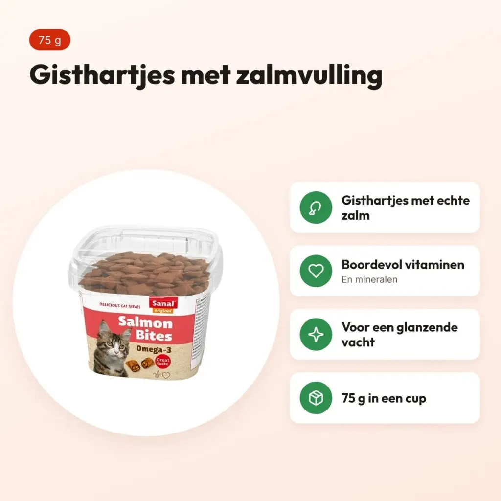 Sanal kattensnoepjes zalm 75 g – gisthartjes met zalmvulling – voordelen