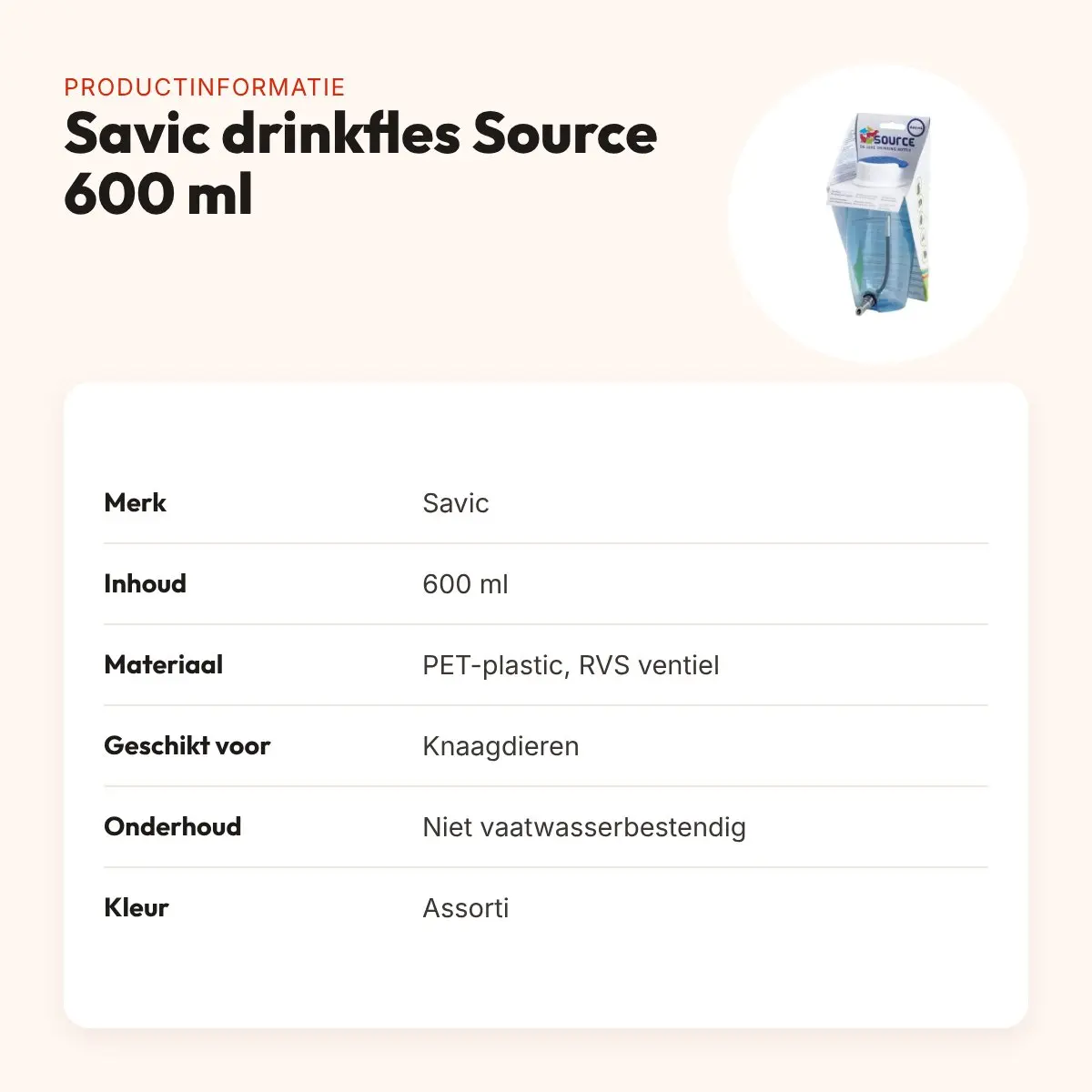 Savic drinkfles Source 600 ml – knaagdieren, lekvrij RVS ventiel, assorti – productinformatie