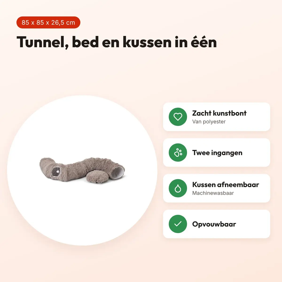 Savic Snuggle Tunnel kattenmand warm grijs 85 x 85 x 26,5 cm – 3-in-1 – voordelen