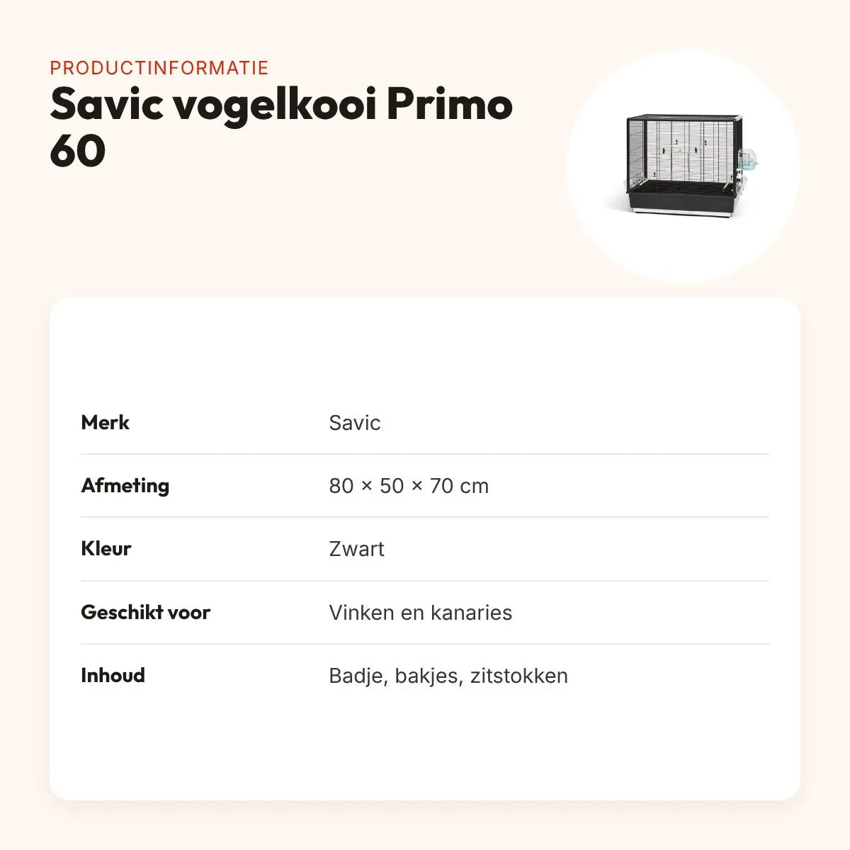 Savic vogelkooi Primo 60 Knock Down zwart 80 x 50 x 70 cm – uitschuiflade – productinformatie