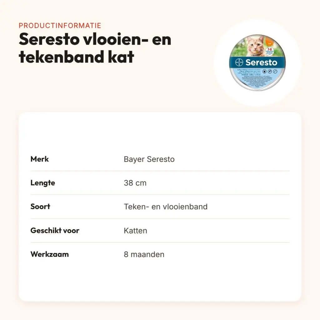 Seresto teken- en vlooienband kat 38 cm – geurloos, 8 maanden werkzaam – productinformatie