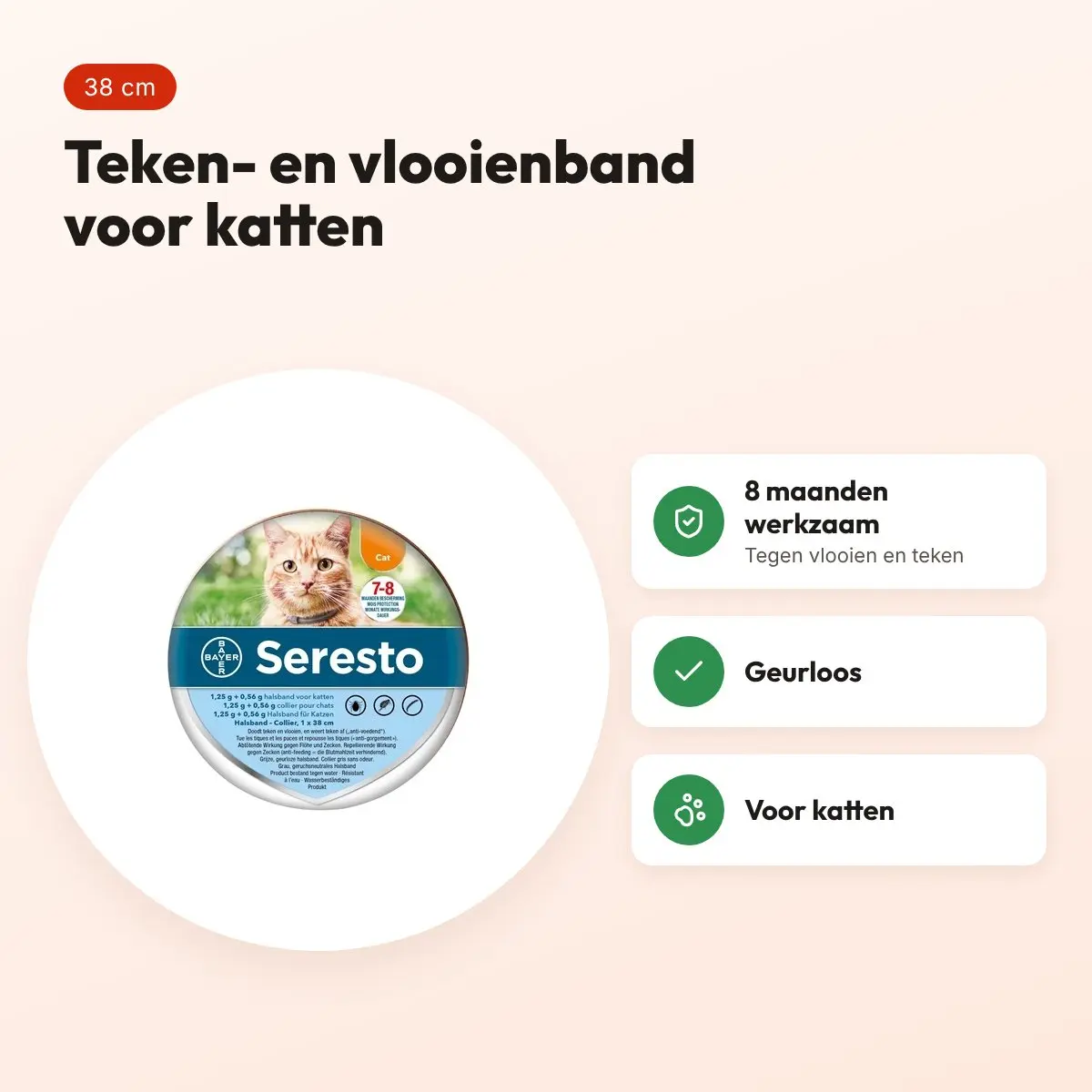 Seresto teken- en vlooienband kat 38 cm – geurloos, 8 maanden werkzaam – voordelen