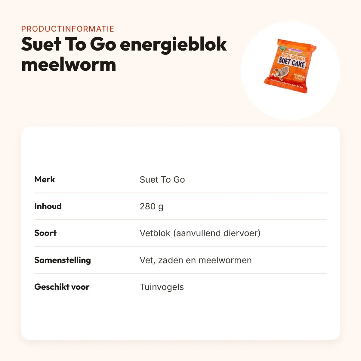 Suet To Go energieblok meelworm 280 g – vetblok voor tuinvogels – productinformatie