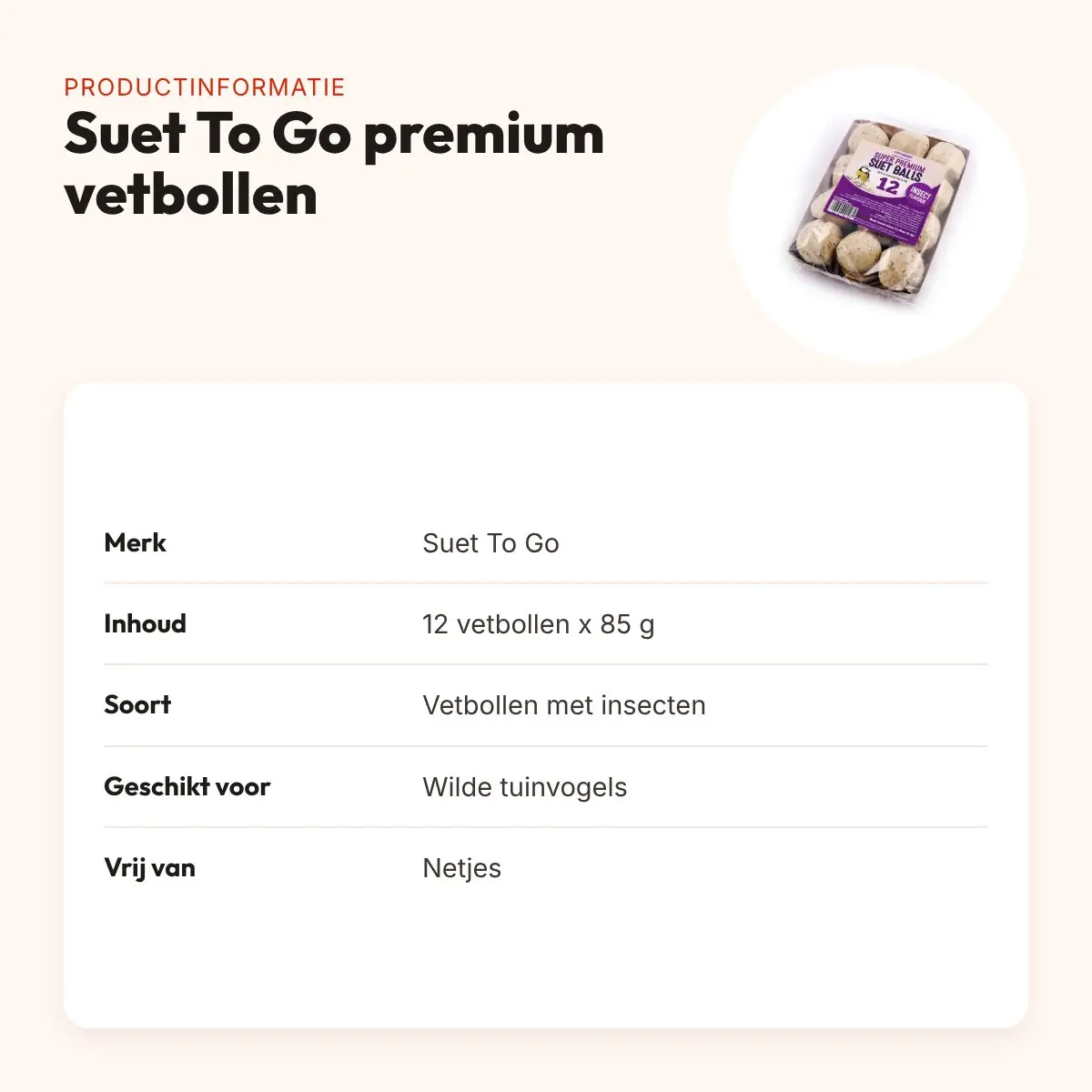 Suet To Go premium vetbollen met insecten 12 x 85 g – zonder netjes – productinformatie