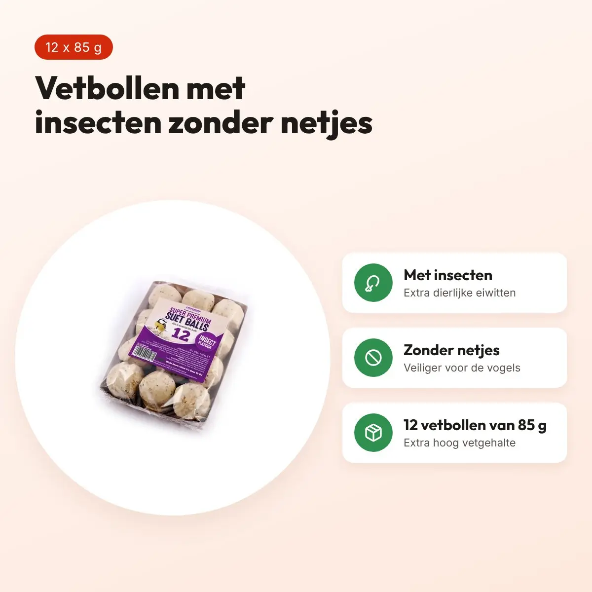 Suet To Go premium vetbollen met insecten 12 x 85 g – zonder netjes – voordelen