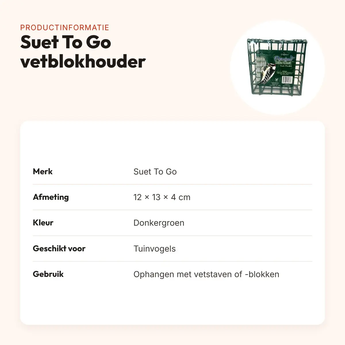 Suet To Go vetblokhouder donkergroen 12 x 13 x 4 cm – productinformatie