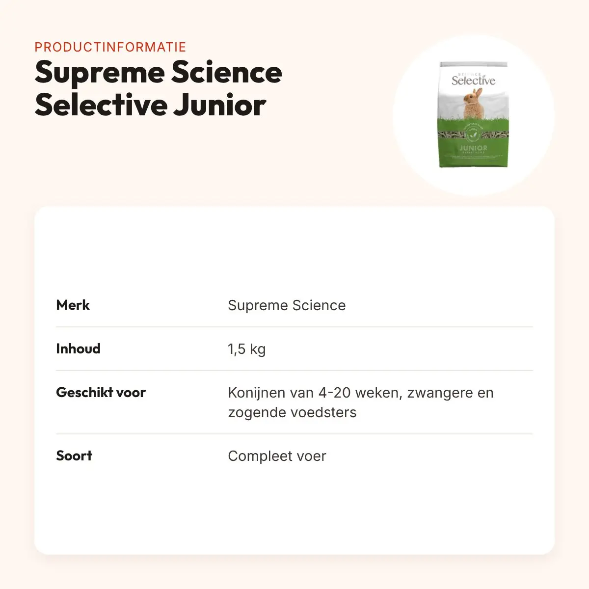 Supreme Science Selective Junior konijnenvoer 1,5 kg – spinazie en lijnzaad – productinformatie