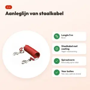 Trixie aanleglijn spiraalkabel rood 5 m – staalkabel met kunststof coating – voordelen