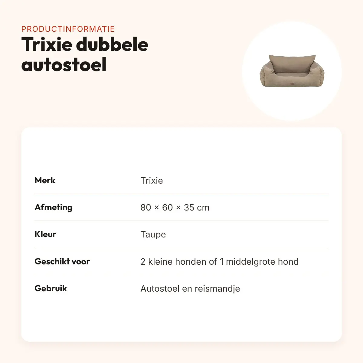 Trixie autostoel dubbel taupe 80 x 60 x 35 cm – voor 2 kleine honden – productinformatie